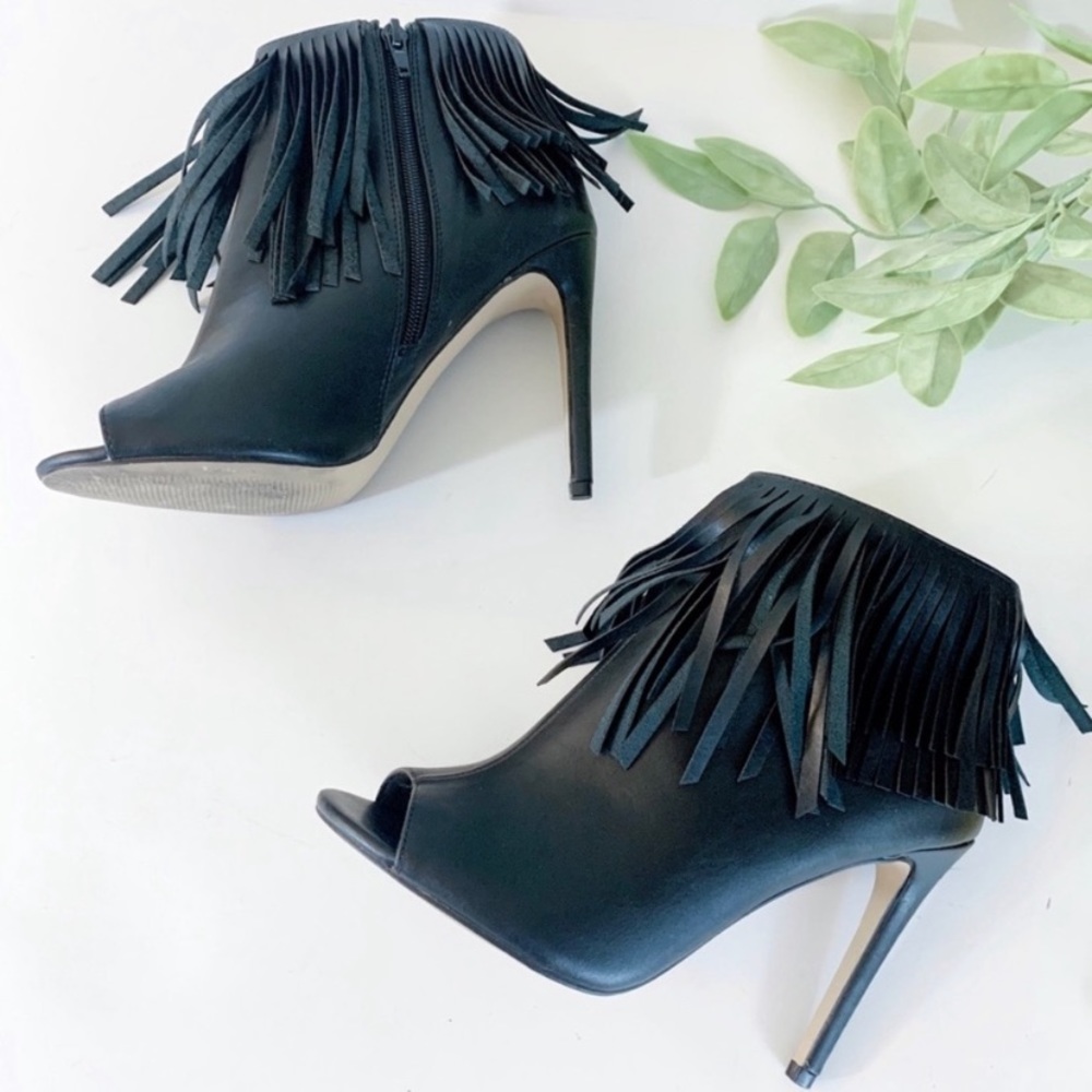 Madden Girl Black Fringe Peep-Toe Stiletto Booties
